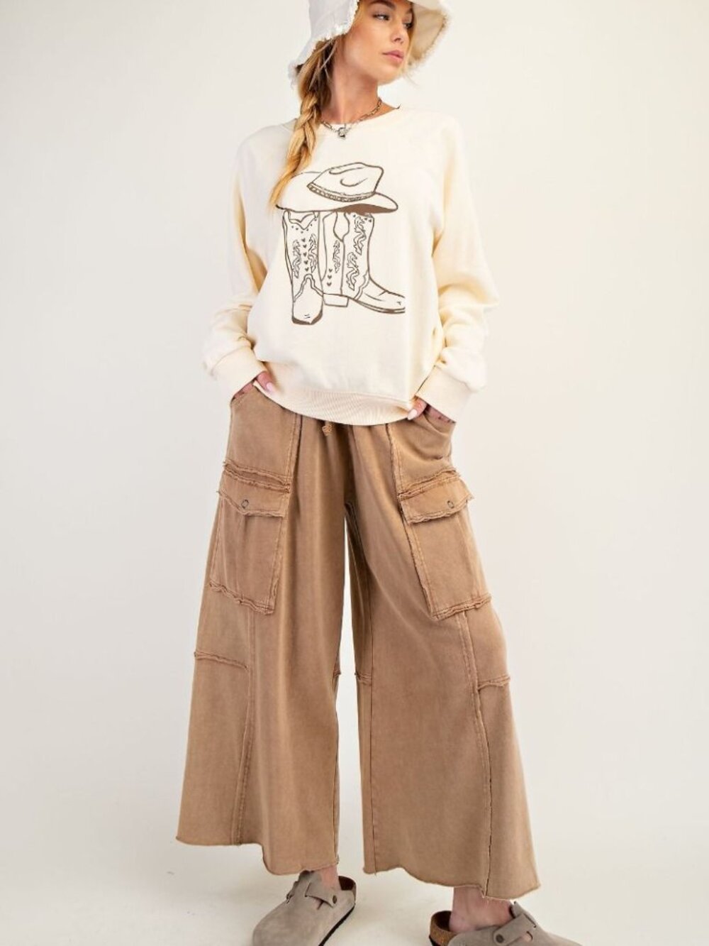 WASHED WIDE LEGS TERRY CARGO PANTS